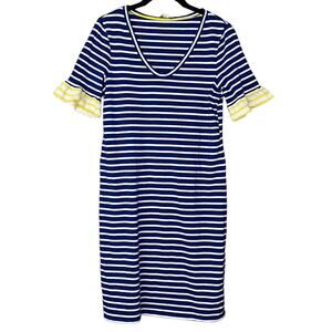 Boden Imogen Striped Jersey Dress Ruffle Short Sleeves Blue White Yellow Size 6